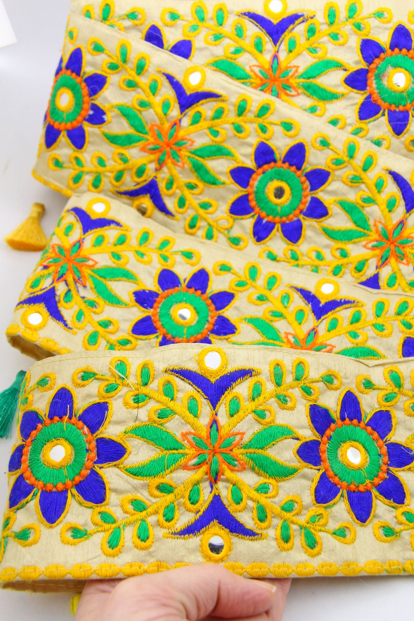 Passion Flower Embroidered Trim: Multi-Colored, Tan Silk Ribbon, Sari Border from India