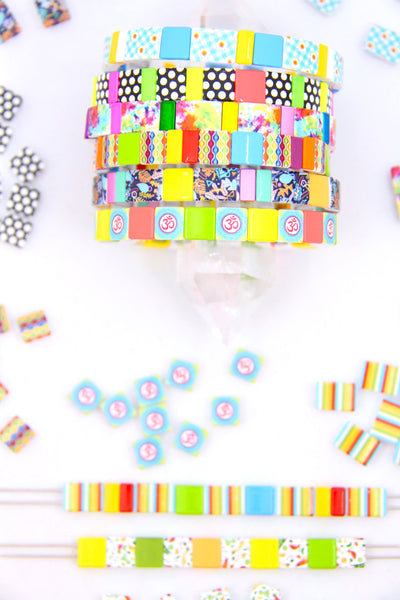 Evil Eye, Emoji, & Patterned Enamel Tile Beads, Rectangle & Square 2-Hole Beads for Stacking Bracelets