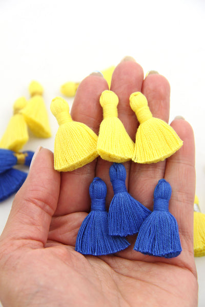 Peace in Ukraine Tassel Pack: 6 Yellow & Blue Mini Tassels, Jewelry Making Supplies, 1.25" Cotton Fringe