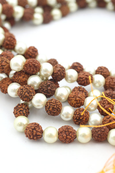 108 Rudraksha & Moti (Pearl) Mala Necklace, 8-9mm Spiritual Gift, Yoga Jewelry