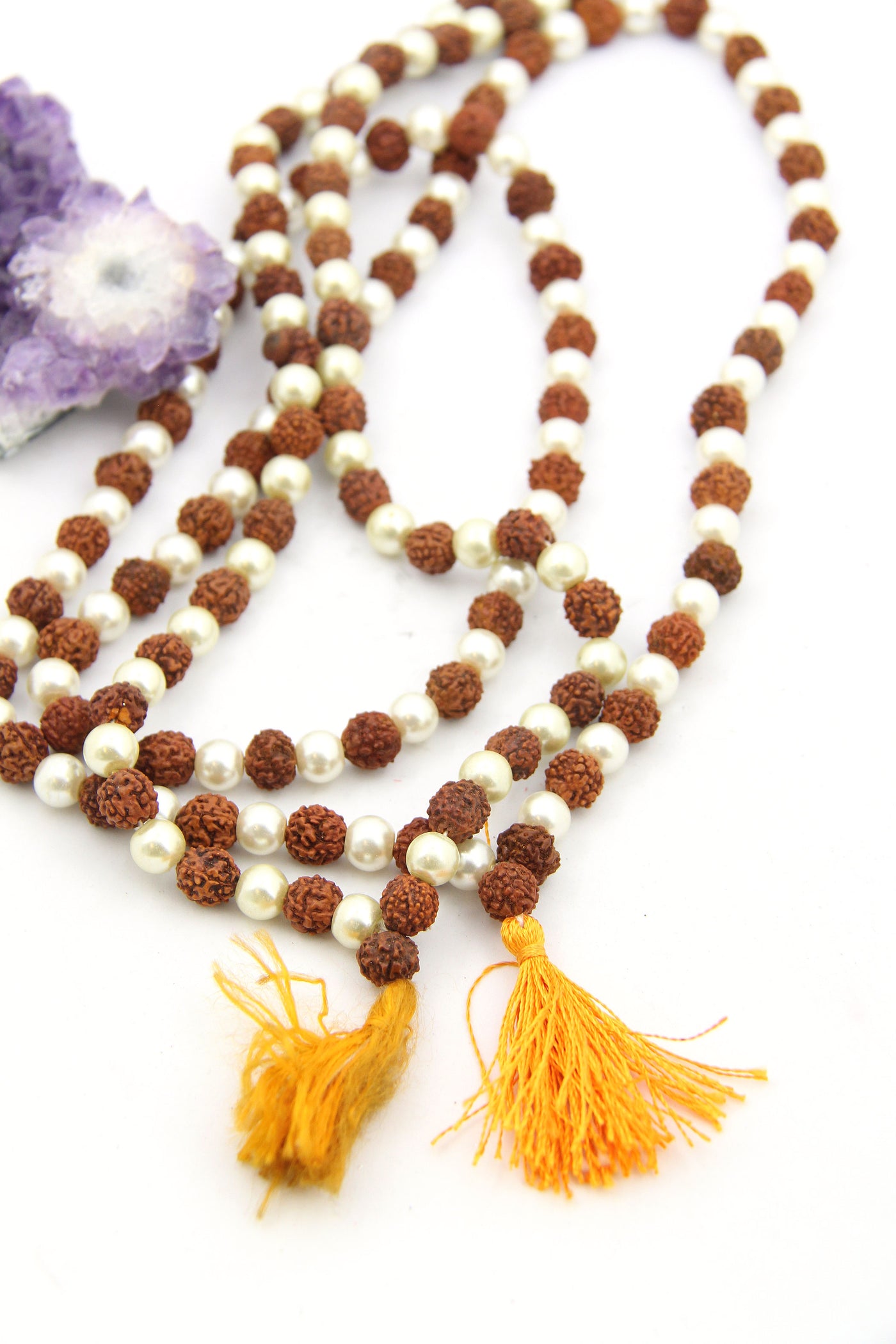 108 Rudraksha & Moti (Pearl) Mala Necklace, 8-9mm Spiritual Gift, Yoga Jewelry