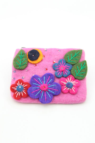 Pink Floral Felted Wool Pouch, Coin Purse w/ Zipper, Fair Trade from Nepal
