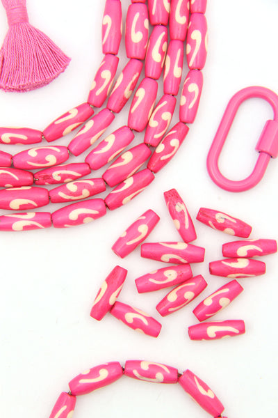 Pink Comma Barrels: Hand Painted Bone Beads, 6x18mm, for DIY Valentine's Day Jewelry