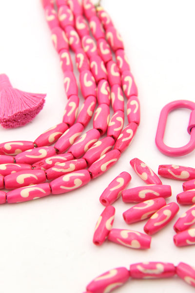 Pink Comma Barrels: Hand Painted Bone Beads, 6x18mm, 12 pieces
