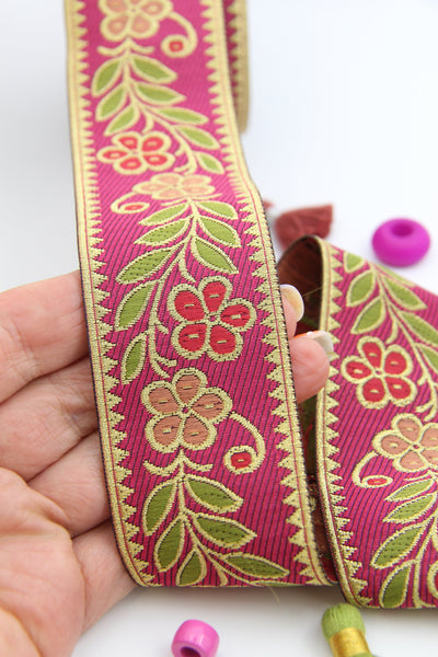 Pink Flowers and Leaves with Gold Jacquard Trim, 1.25" x 1 yard