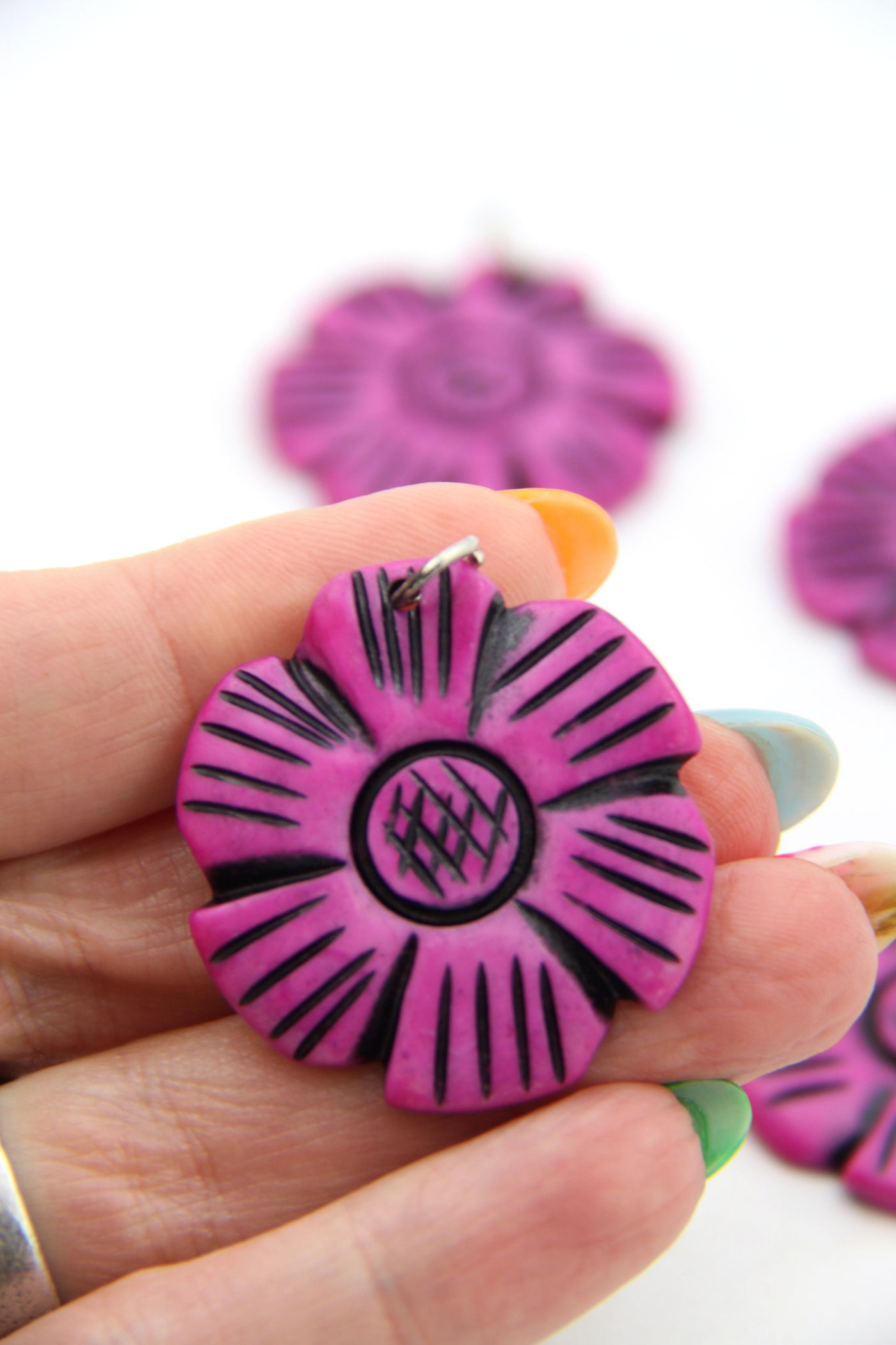 Pink Marigold Pendant: Hand Carved Focal Charm, 34mm, 1 pc.