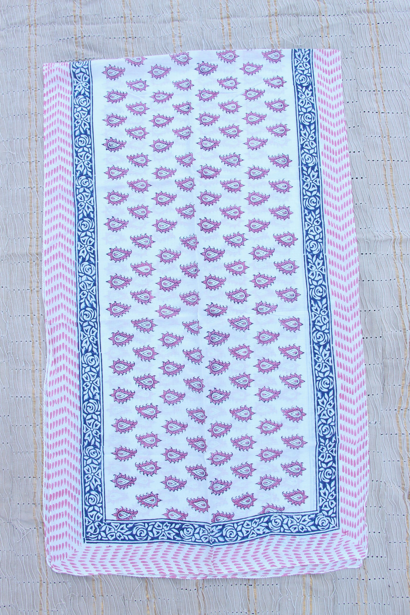 Pink & Navy Paisley Hand Block Print Scarf, Cotton, from India