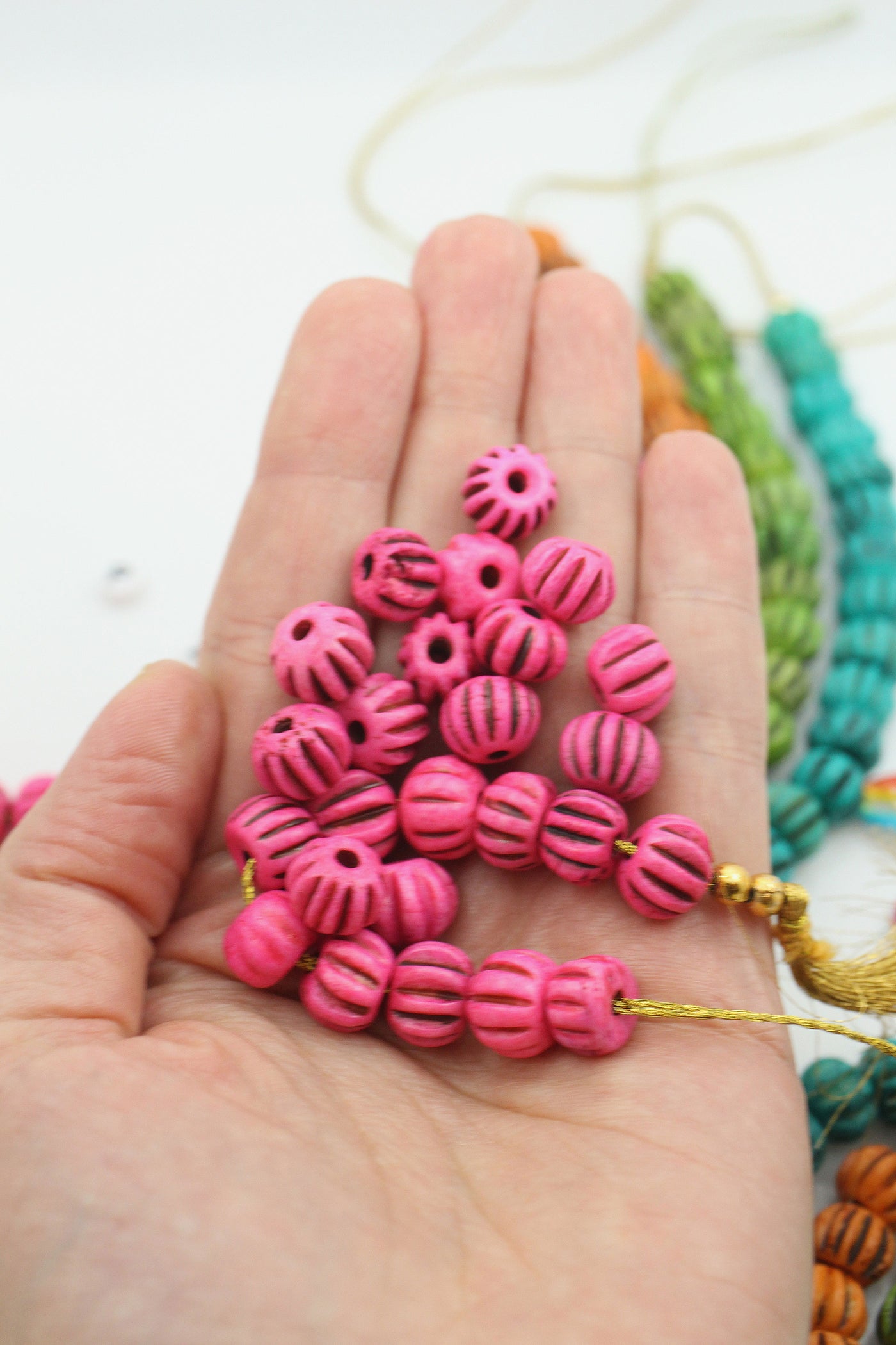 Hand Carved Melon Rondelle Bone Beads,12mm, Pink, Orange, Turquoise