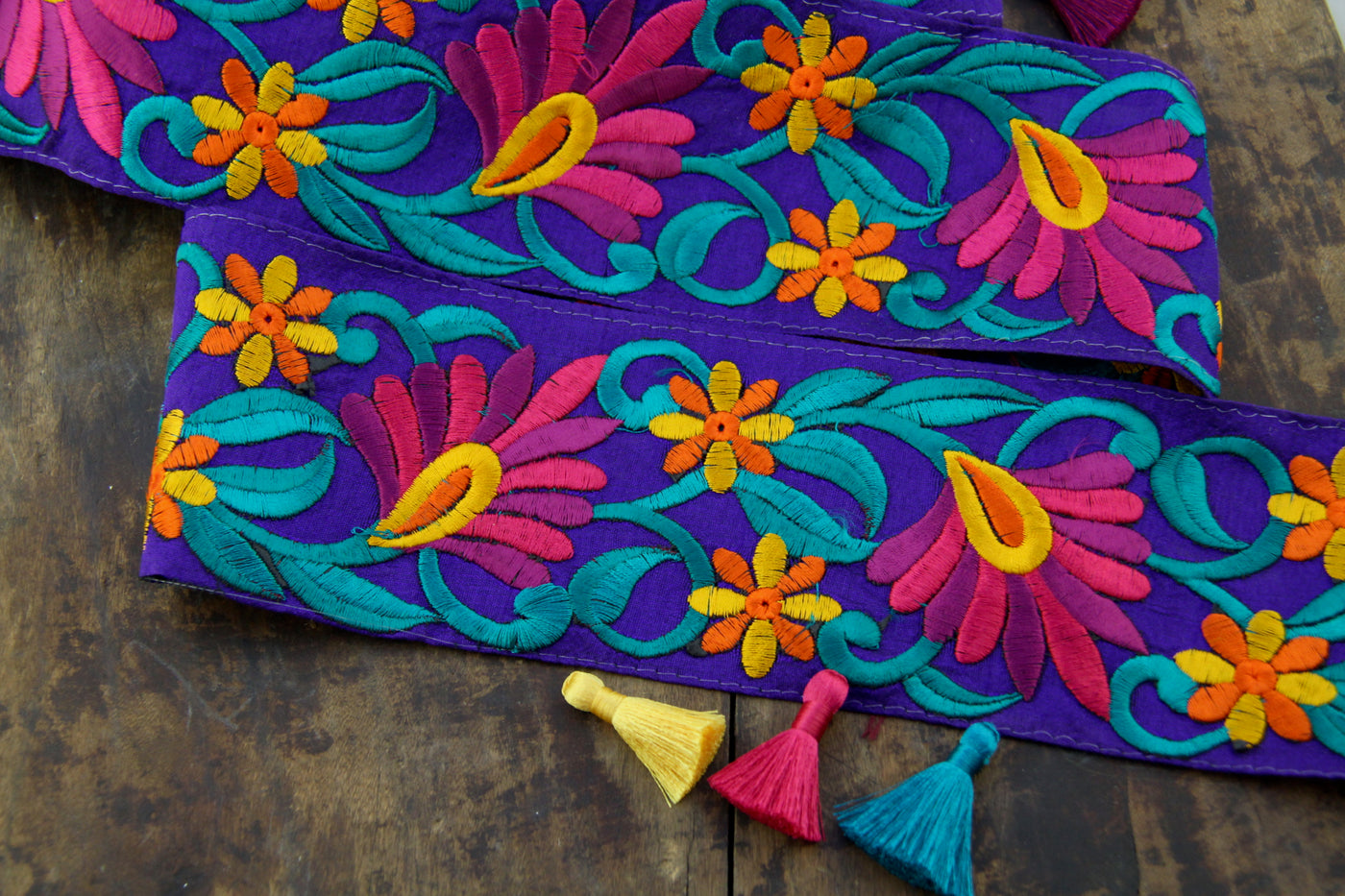 Bohemian Blossom: Purple, Fuchsia, Green Embroidered Ribbon, 3.875"x1 Yard
