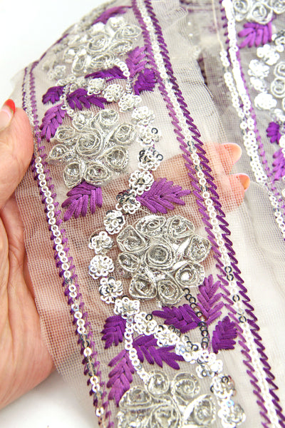 Airy Voilet & Silver Embroidered Floral Ribbon: 3.5" Mesh Trim by the yard