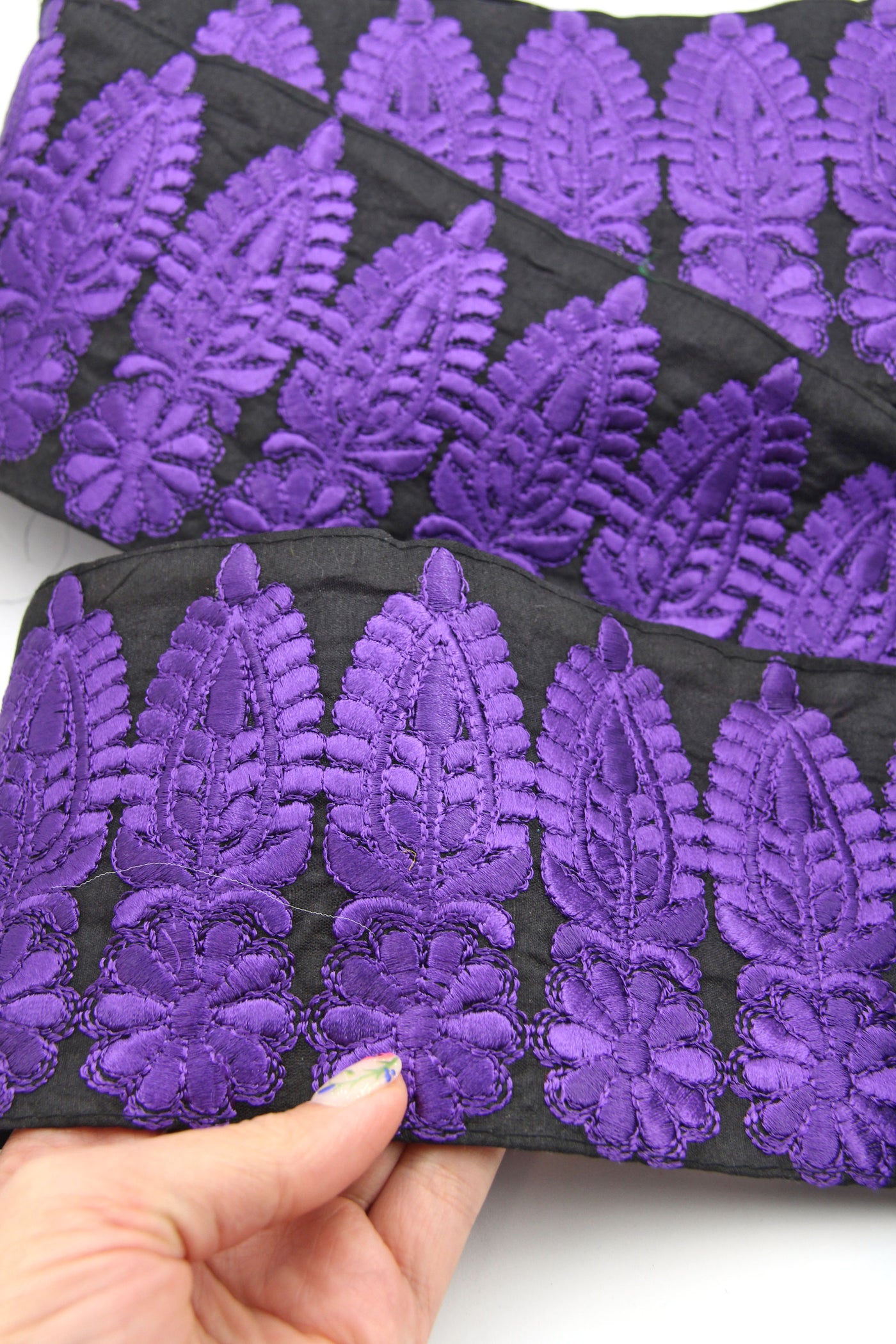 Royal Plume Magenta, Purple, Orange on Black Silk Trim, Ribbon, Sari Border, India, 4.25"