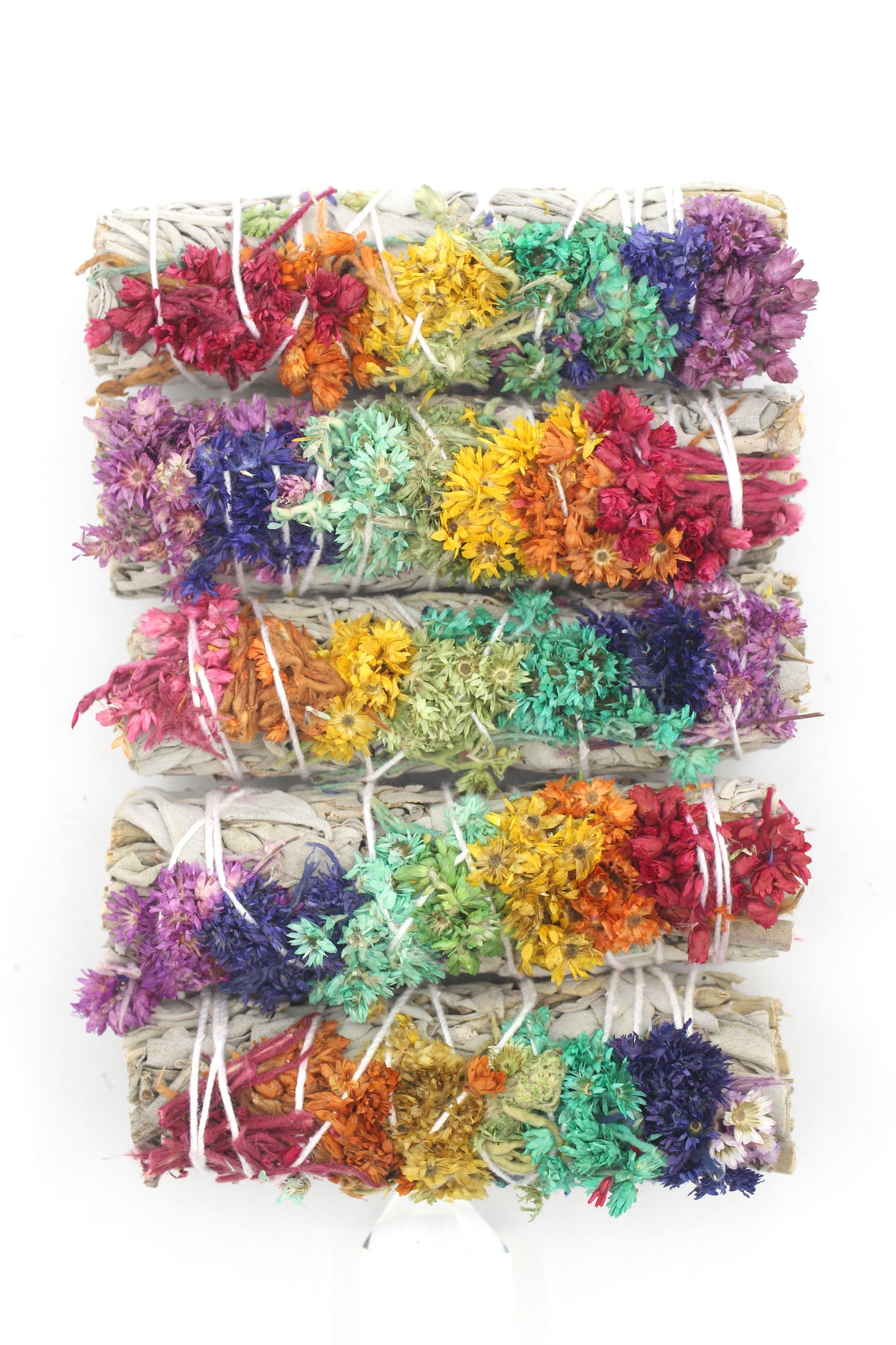 Floral Smudge Stick Wand: Rainbow Chakra Flowers, Sage, Good Juju, Meditation