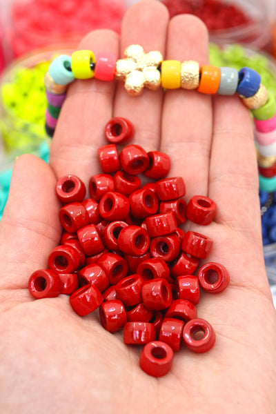 Red Enamel Pony Beads, Roller Beads, Gold Silver Stardust Florentine Flower Beads