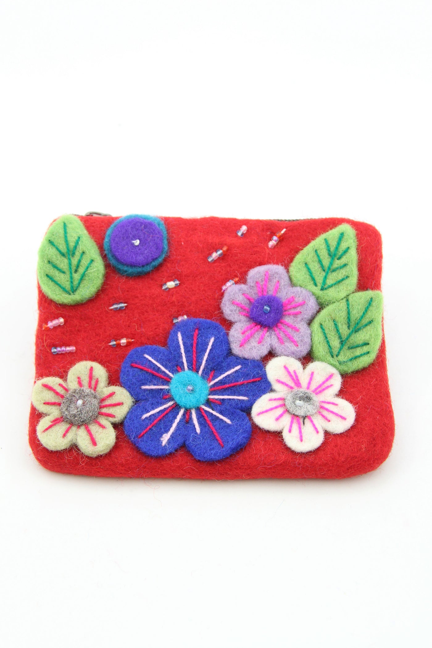 Red Floral Felted Wool Pouch, Coin Purse w/ Zipper, Fair Trade from Nepal