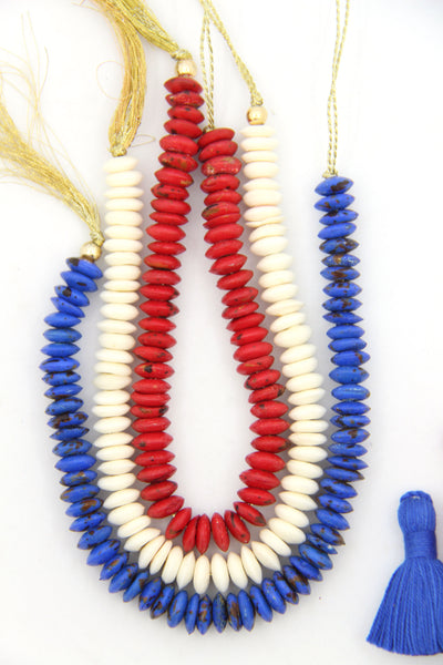 Bead Bundle: Red, White, Blue Handmade Heishi Disc Spacer Bone Beads, 9x3mm, 3 Strands, 195+ Beads