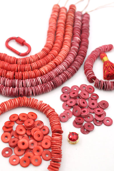 10mm Red Bone Heishi Discs Beads, Speckled Faux Coral Spacer Beads