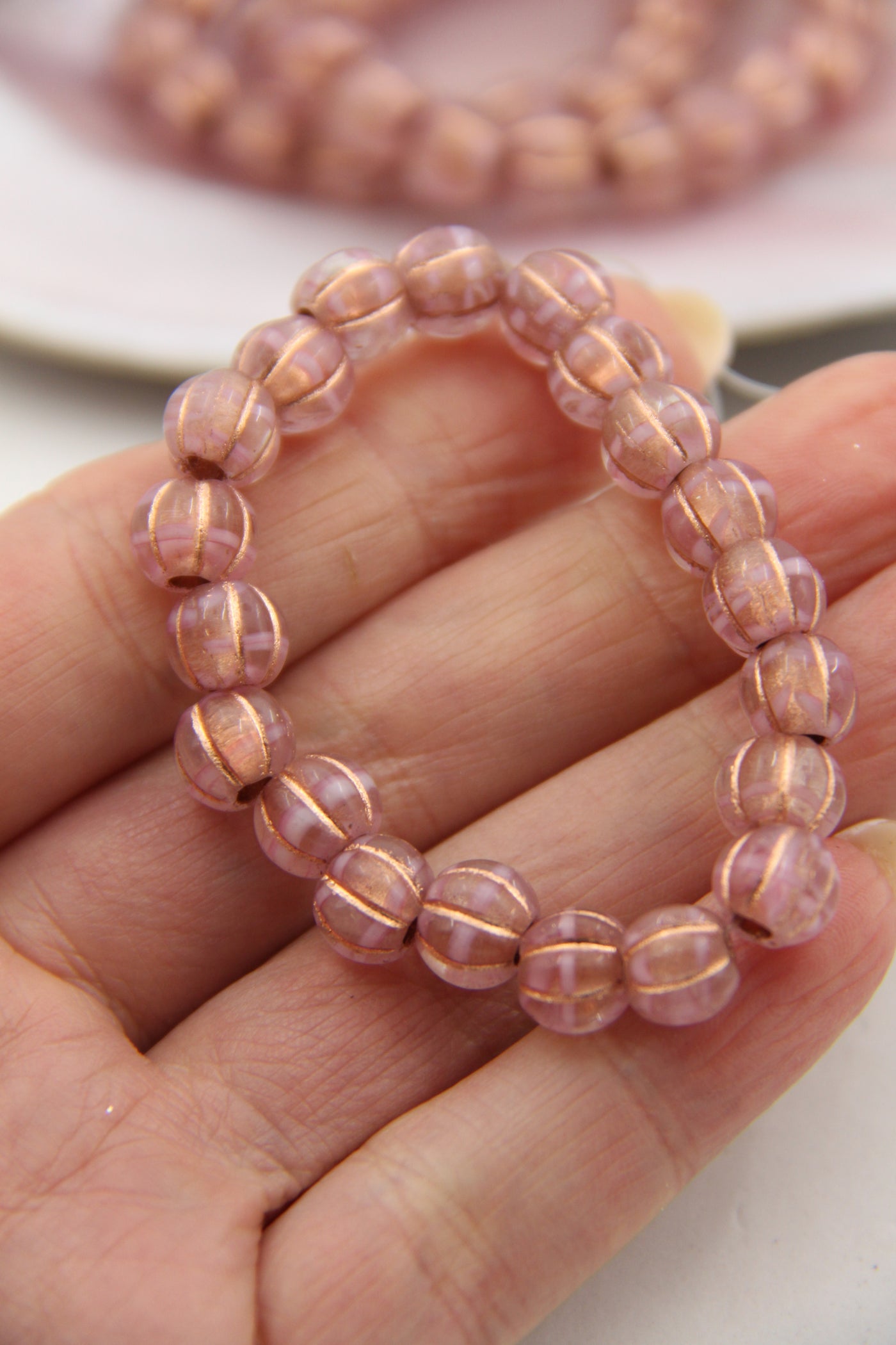 Pink Mauve Czech Glass Melon Beads, 8mm, with Copper Wash