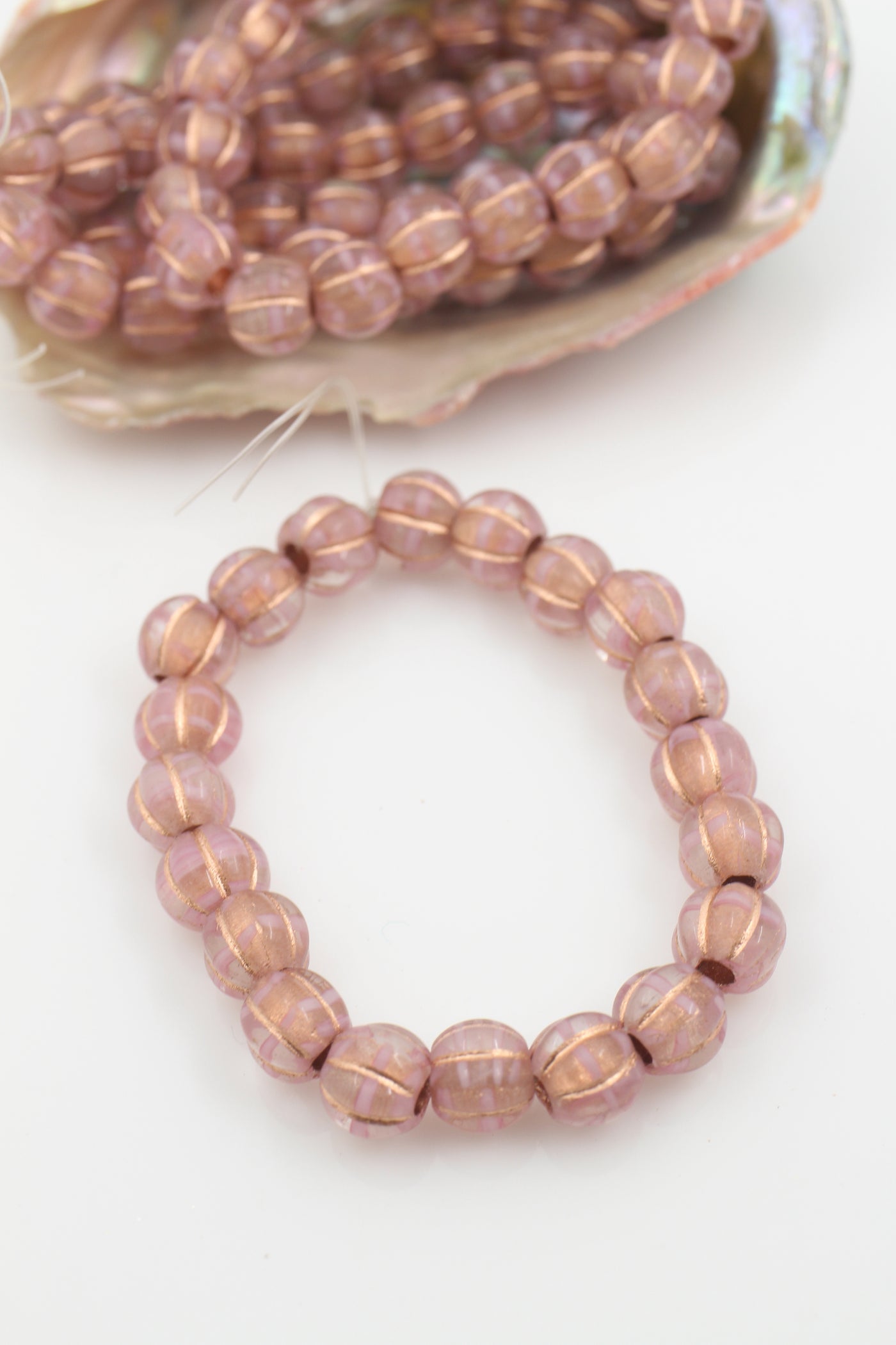 Pink Mauve Czech Glass Melon Beads, 8mm, with Copper Wash