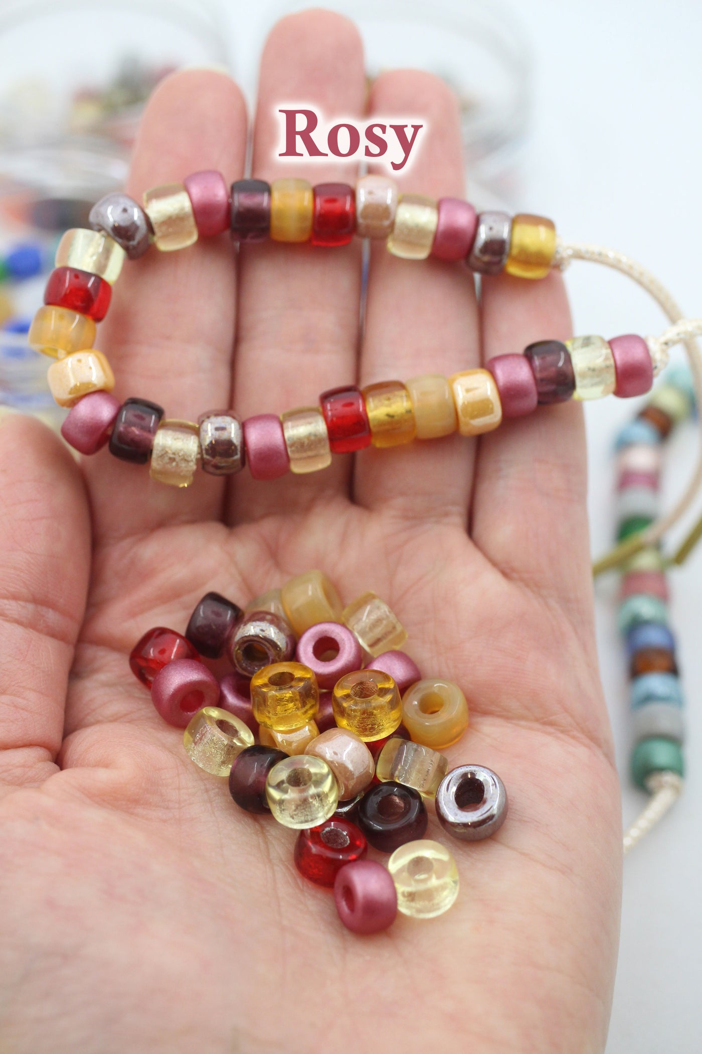 Roller Bead DIY Tie On Bracelet Kit, Rainbow Czech Glass Pony Beads + Lurex Cord