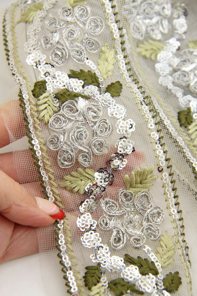 Sage Green & Silver Embroidered Floral Ribbon: 3.25" Mesh Trim by the yard