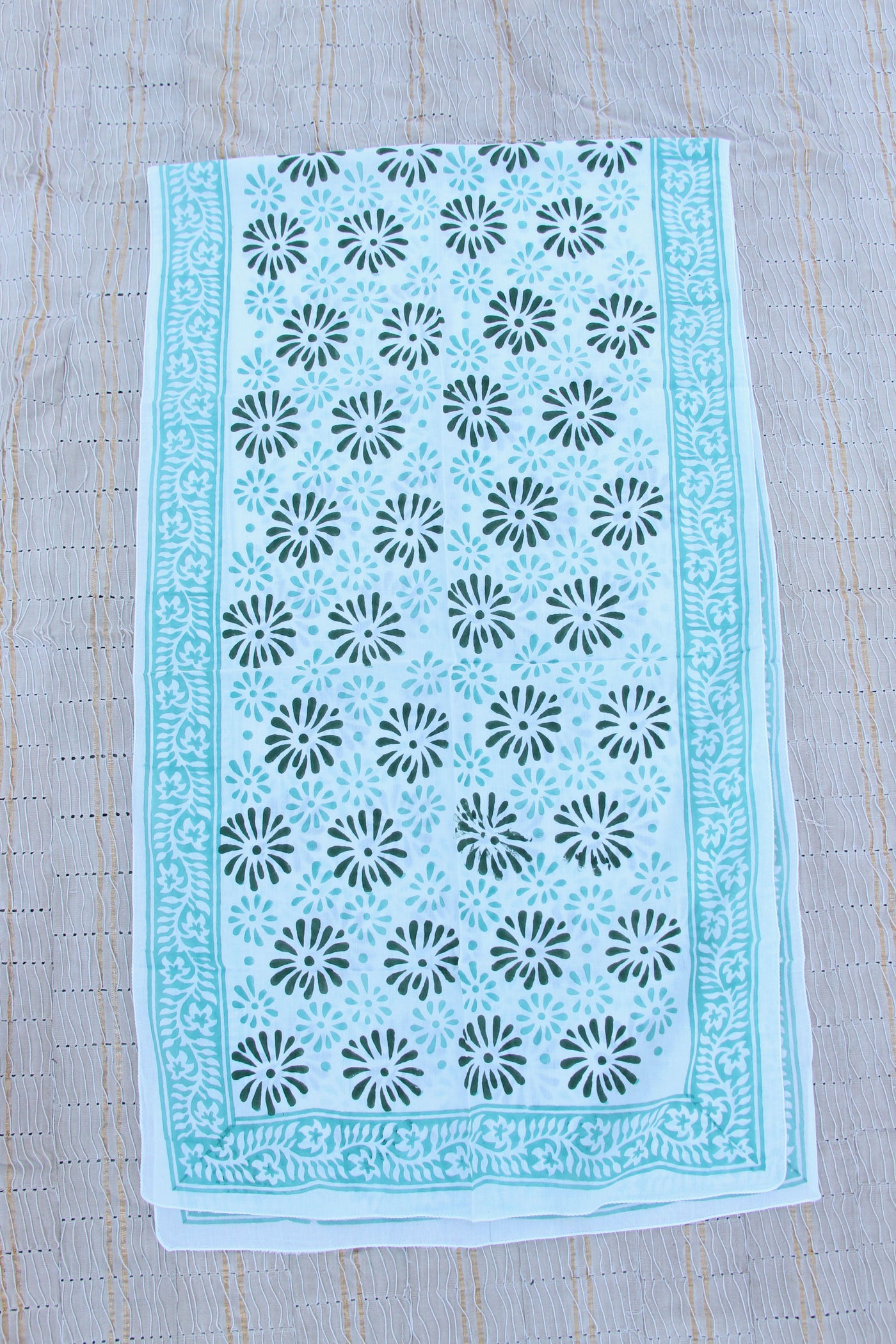 Blue and Green Floral Hand Block Print Scarf, Cotton, from India
