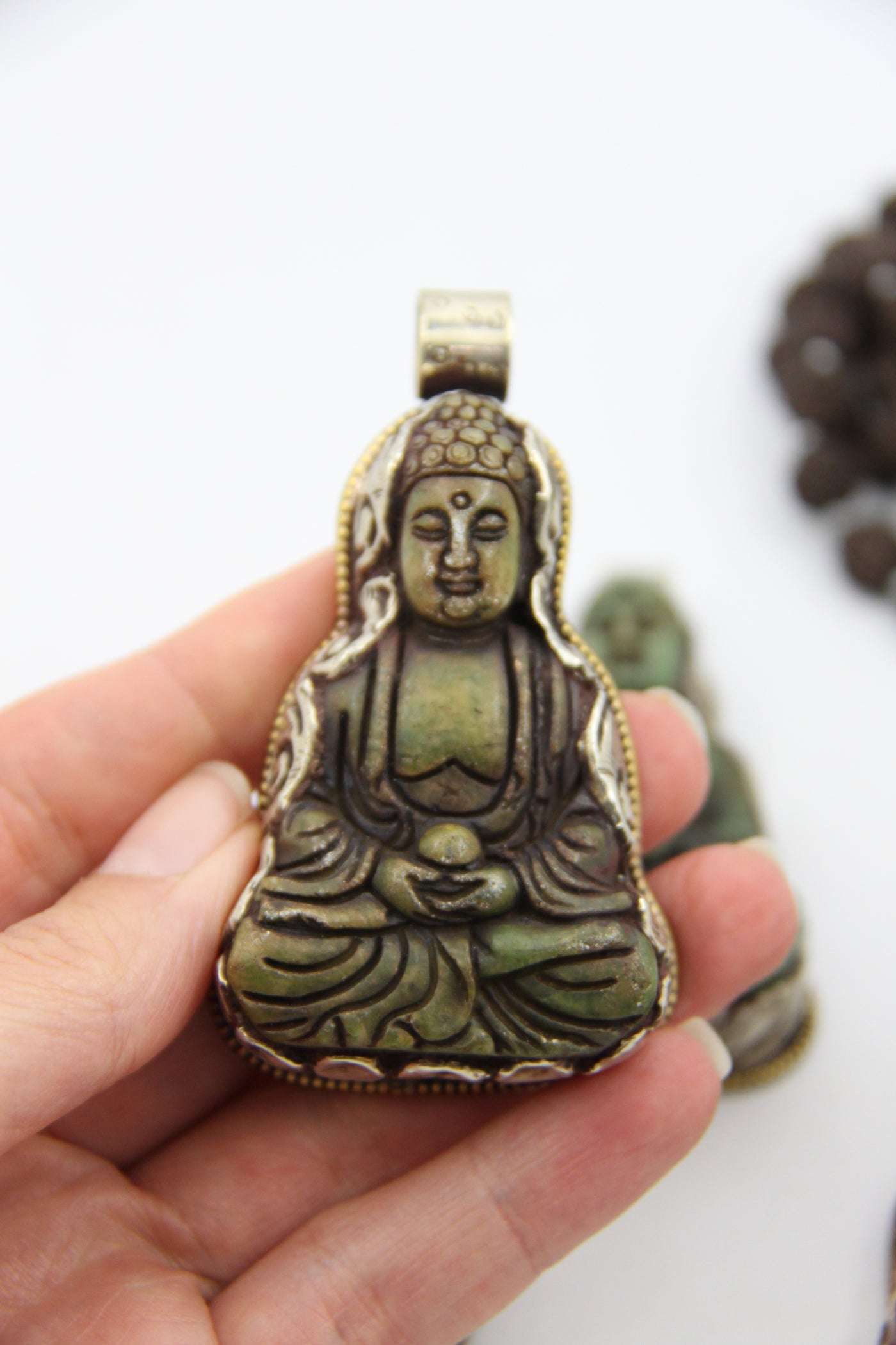 Buddha in Serpentine, Silver Bezel Set, Refief Carved Pendant, Boho, Zen, Spiritual, Yoga Inspired Jewelry Making, Fashion, 3+", 1 pc