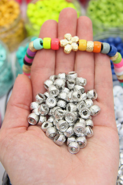 Large Hole Enamel Pony Beads, Roller Beads, Silver Stardust Florentine Flower Beads
