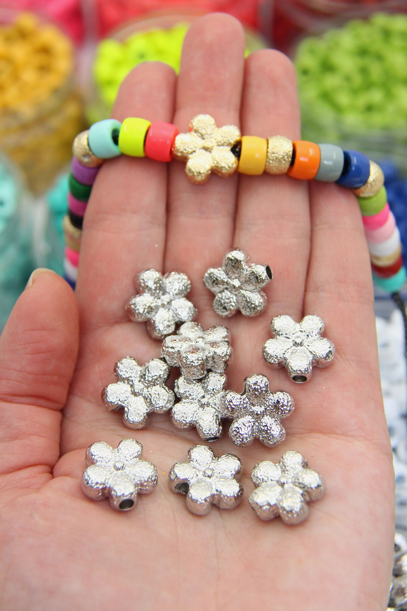 Large Hole Silver Flower Beads, Gold Silver Stardust Florentine Flower Beads