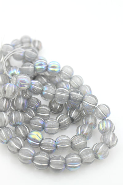 Lunar Gray Czech Glass Melon Beads, 8mm, Silver Wash Rondelle Beads