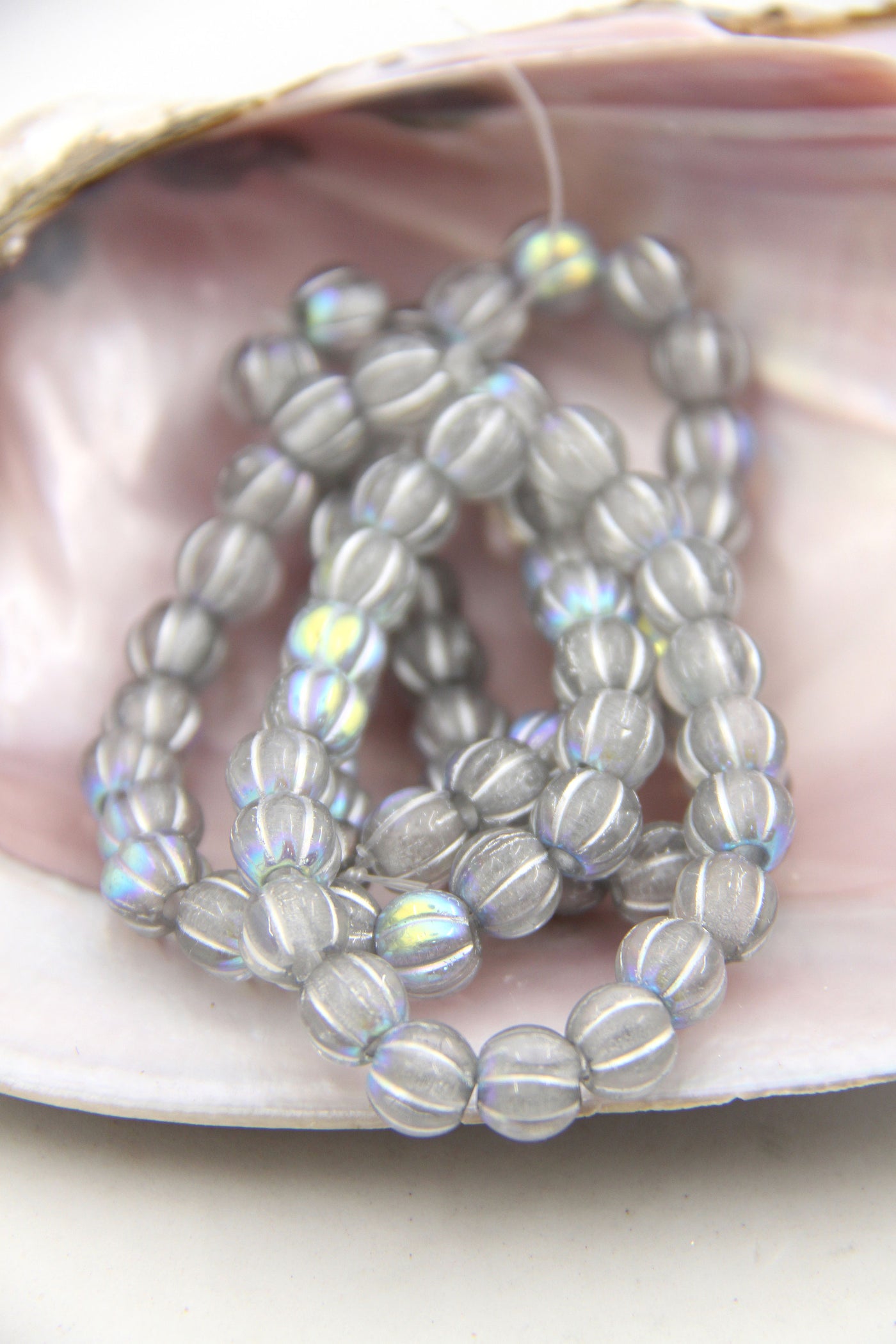 Lunar Gray Czech Glass Melon Beads, 8mm, Silver Wash Rondelle Beads