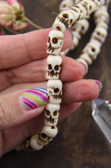 Hand-Carved Skull Bone Beads, 9x13mm, 108 Bead Mala