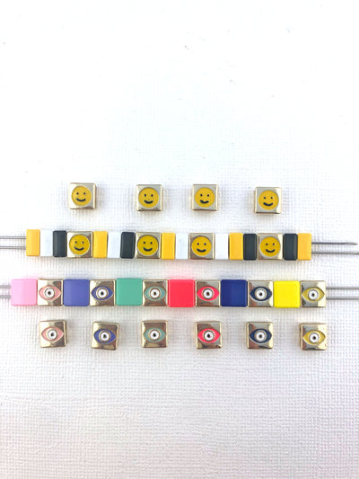 Enamel Tile Beads, Rectangle & Square 2-Hole Beads, Multicolor Assortment, 40 pieces