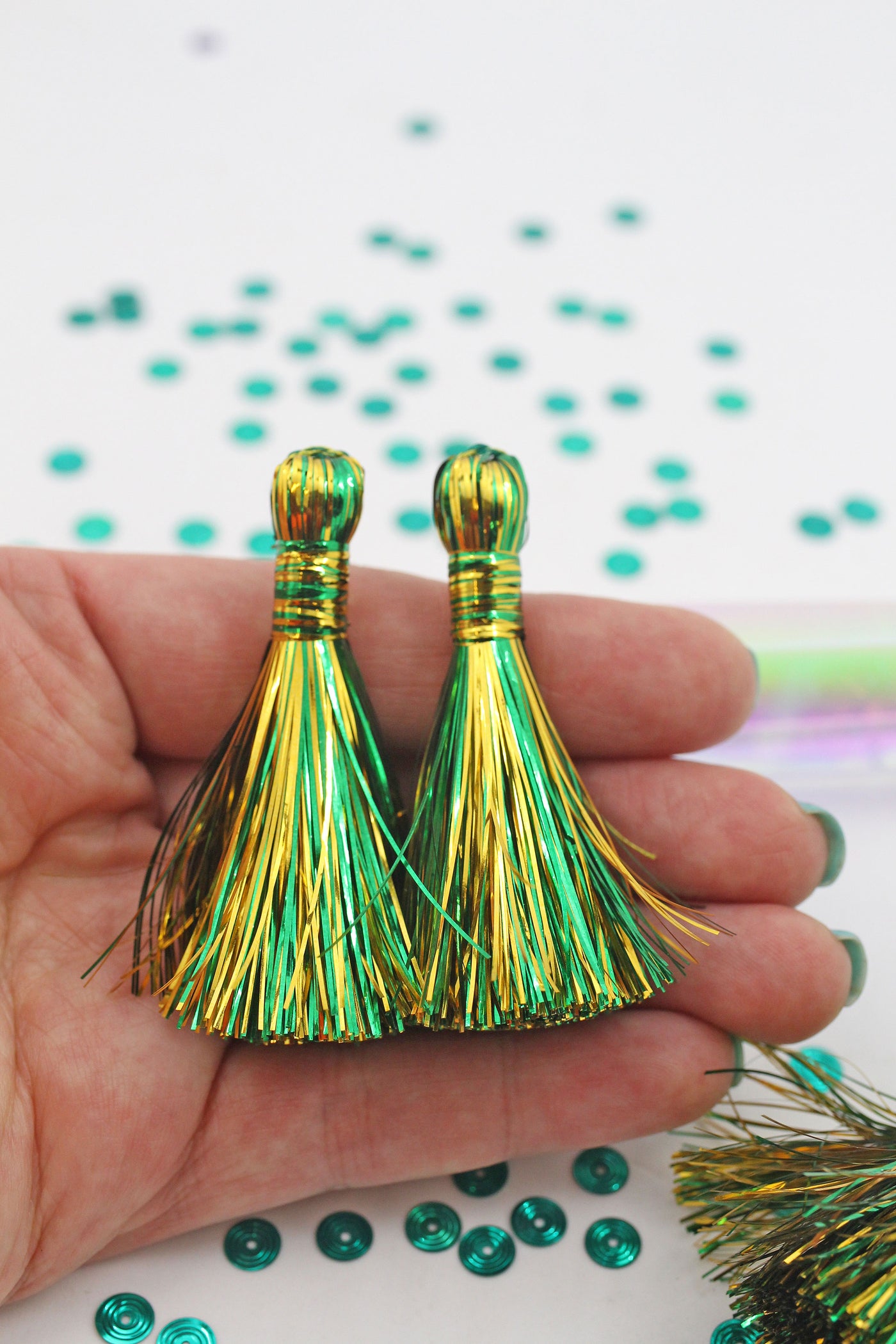 Saint Patrick's Day Tinsel Tassels, 2.5" Metallic Jewelry Making Tassels