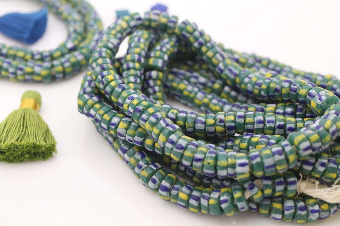 Teal Striped Chevron Krobo Ghana Glass Beads, 9x4mm, 60 pieces