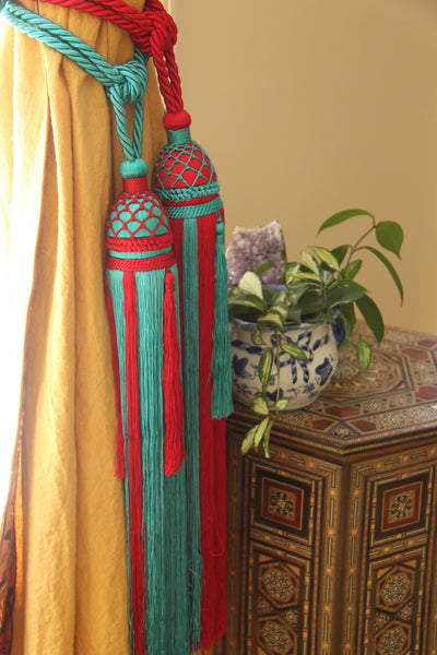 Turquoise & Red Luxury Tassel Tie Backs - ShopWomanShopsWorld.com. Bone Beads, Tassels, Pom Poms, African Beads.