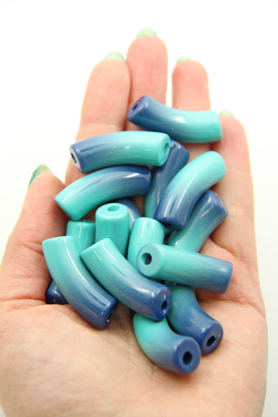 Navy & Turquoise Ombre Acrylic Bamboo Beads, Curved Tube Beads, 12mm
