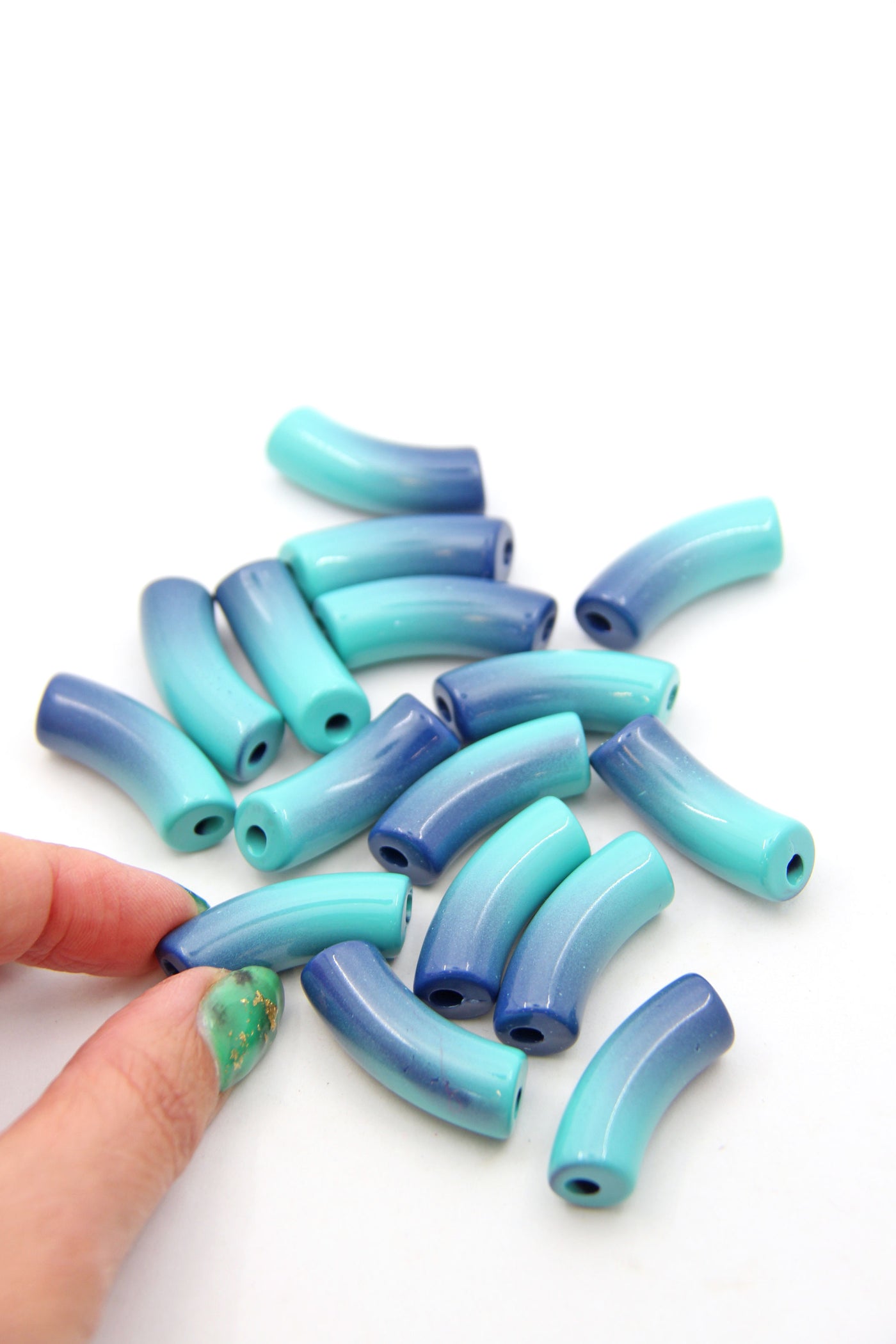 Navy & Turquoise Ombre Acrylic Bamboo Beads, Curved Tube Beads, 12mm