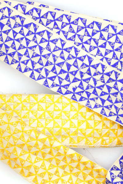 Peace In Ukraine Embroidered Silk Trim: Blue, Yellow, Cream Geometric Sequined Ribbon, 3.75"