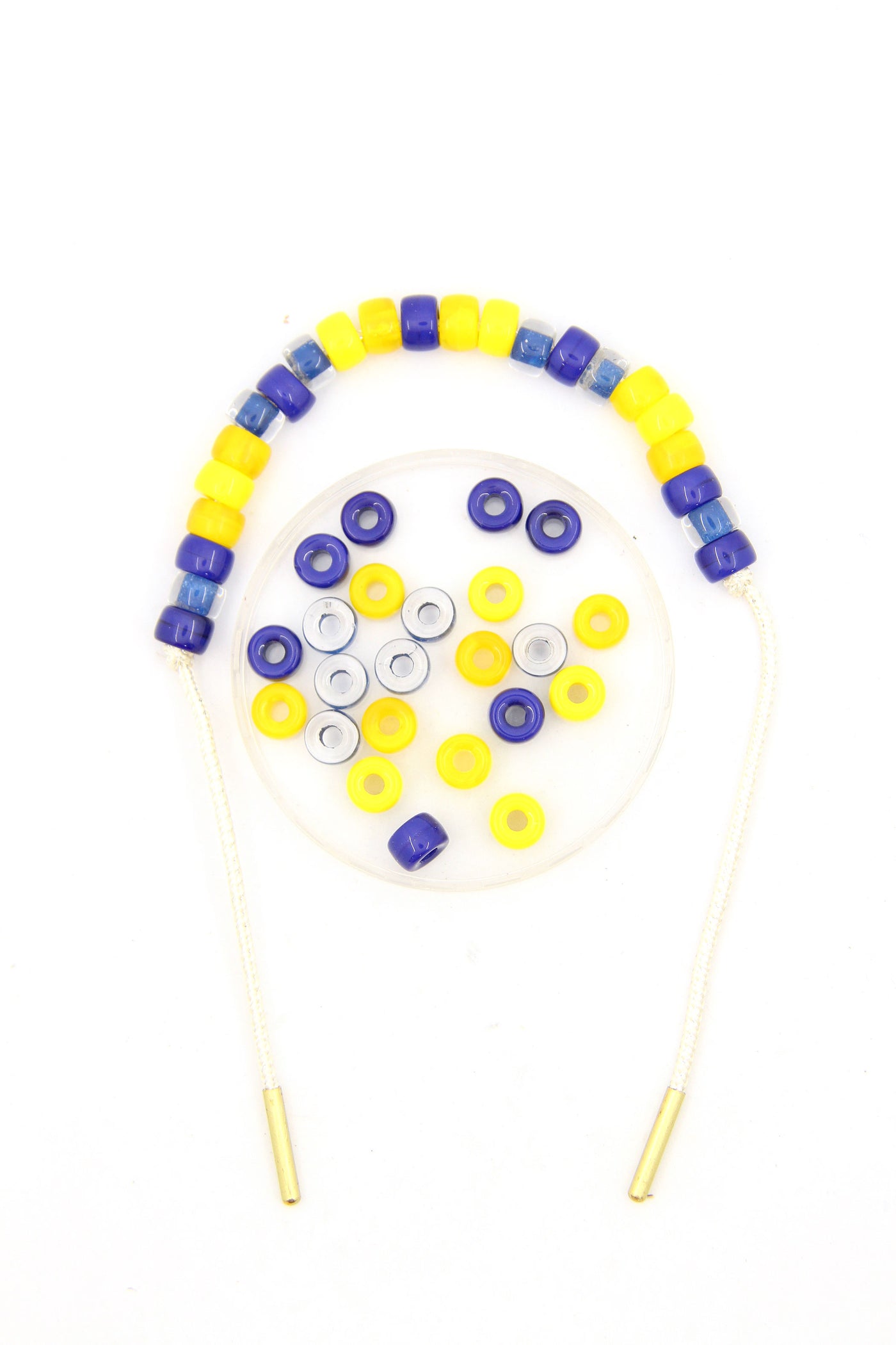 Peace In Ukraine Roller Bead DIY Tie On Bracelet Kit, Blue & Yellow Czech Glass Pony Beads + Lurex Cord