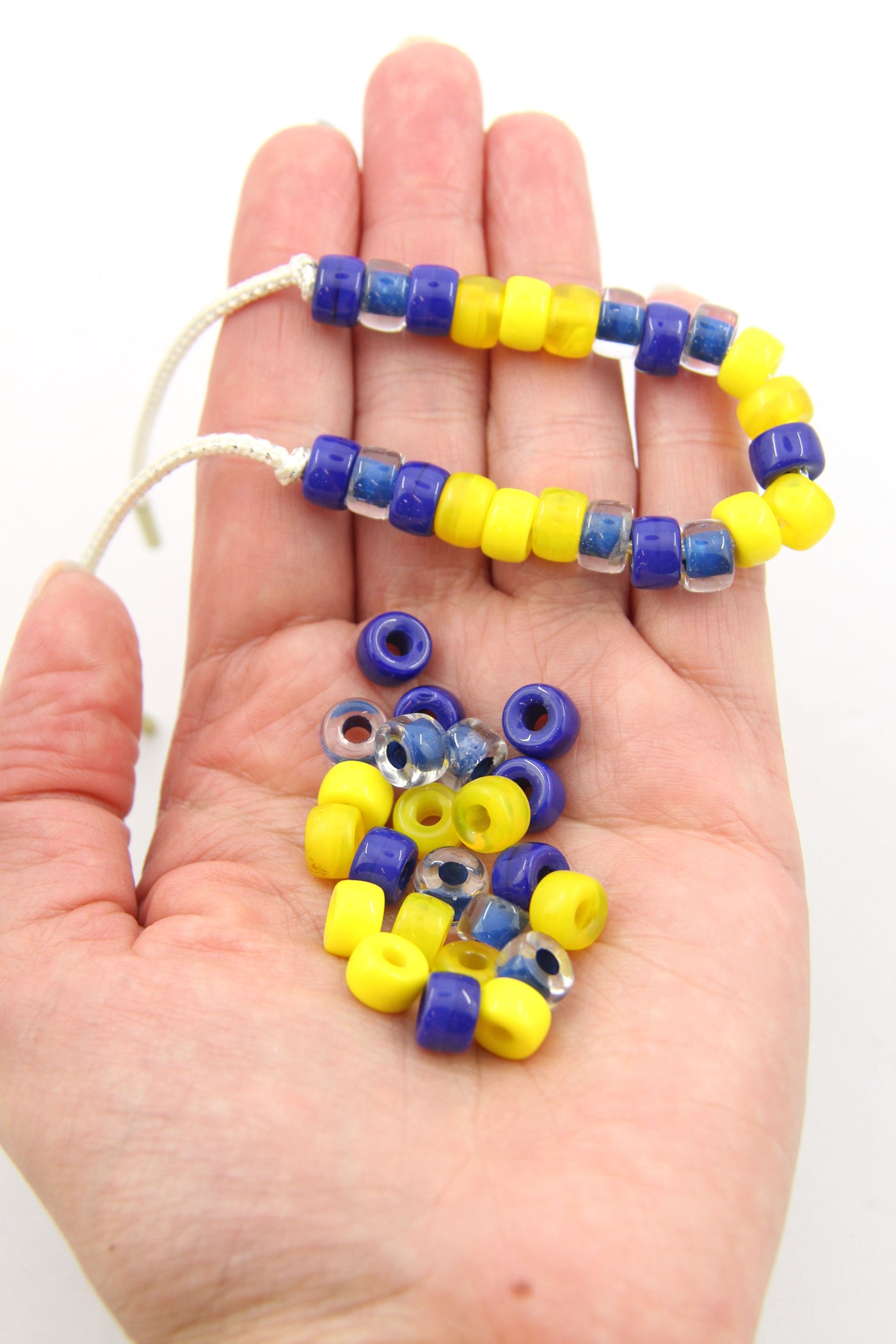 Peace In Ukraine Roller Bead DIY Tie On Bracelet Kit, Blue & Yellow Czech Glass Pony Beads + Lurex Cord