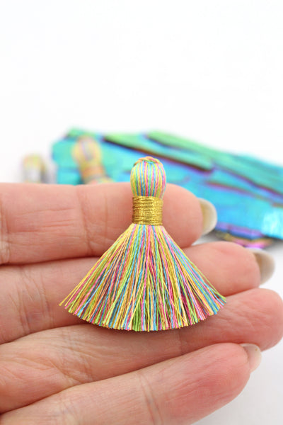 Mini Unicorn's Tail Tassels, 1.25" Mini Silky Fringe Pendant, Pastel Rainbow