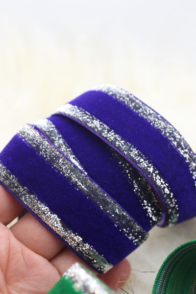Silver & Gold Edged Holiday Velvet Skinny Ribbon, Green, Purple, Red, Teal, 1" x 3 yards
