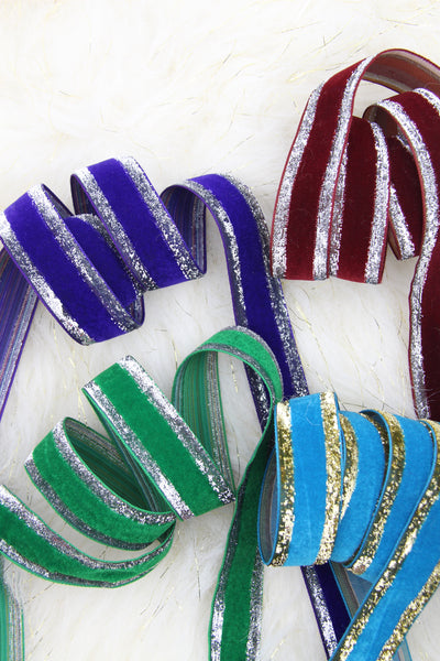 Silver & Gold Edged Holiday Velvet Skinny Ribbon, Green, Purple, Red, Teal, 1" x 3 yards