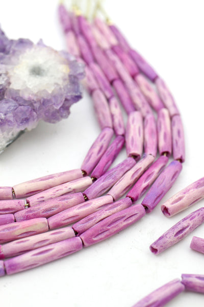 Very Peri Purple Hand-Carved Tube Beads, 1" Bone Beads, 5x25mm, 9 Pcs