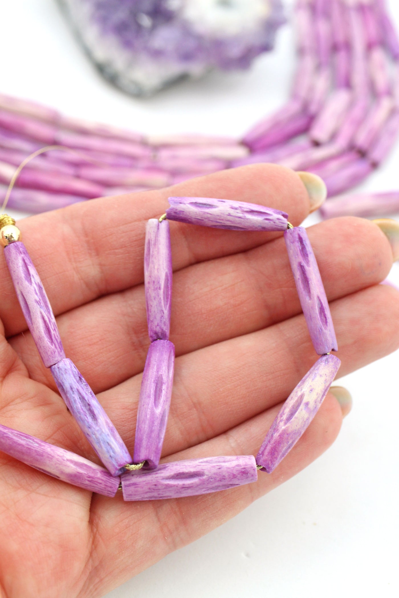 Very Peri Purple Hand-Carved Tube Beads, 1" Bone Beads, 5x25mm, 9 Pcs