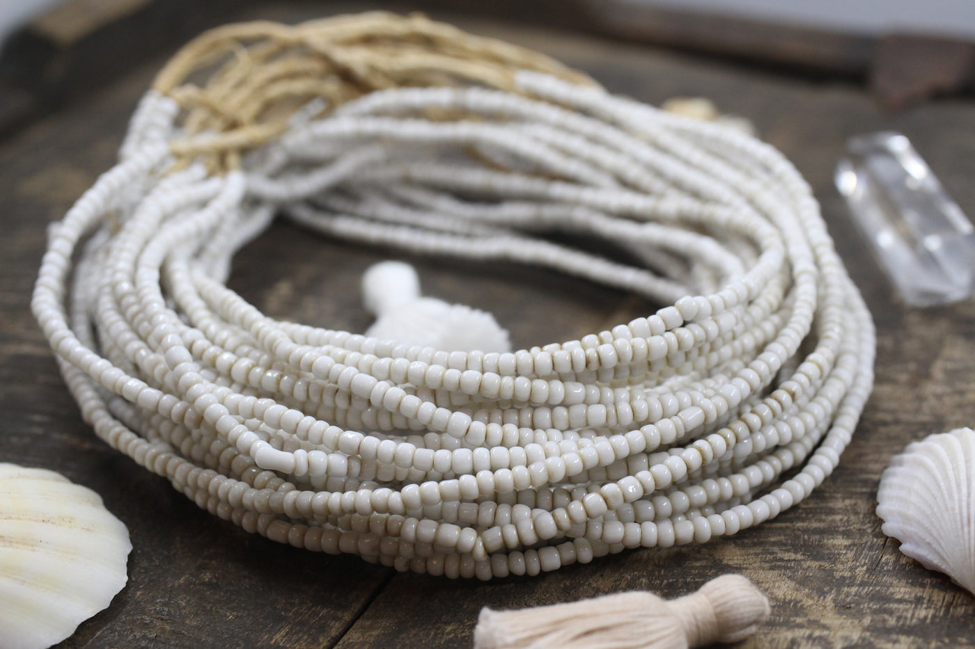 White Ghana Glass Beads or Necklace, African Glass Beads, 25" Strand