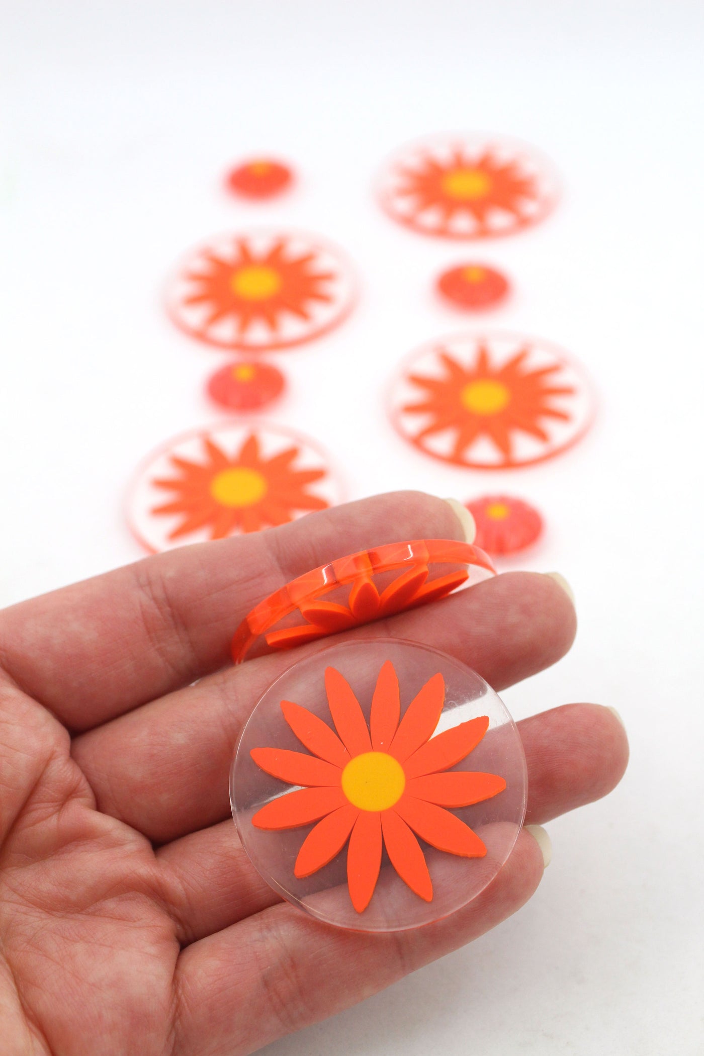 Orange Flower Vintage Lucite Disc, Cabochon, Small and Large, Undrilled