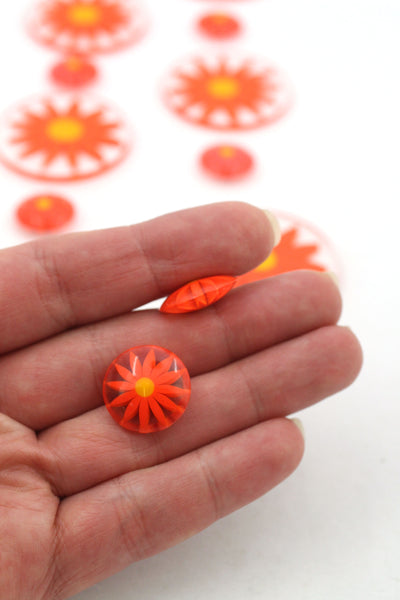 Orange Flower Vintage Lucite Disc, Cabochon, Small and Large, Undrilled