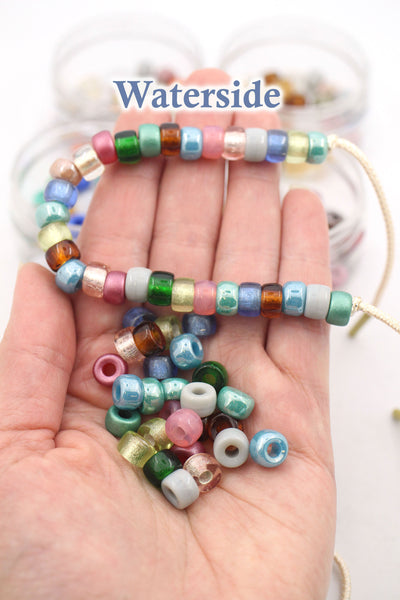 Roller Bead DIY Tie On Bracelet Kit, Rainbow Czech Glass Pony Beads + Lurex Cord