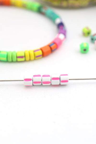 White with Neon Pink Striped Candy Disc Enamel Heishi Beads, 4mm, for Stretch Bracelets